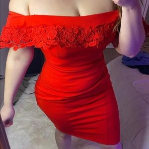 Red off the shoulder body con dress